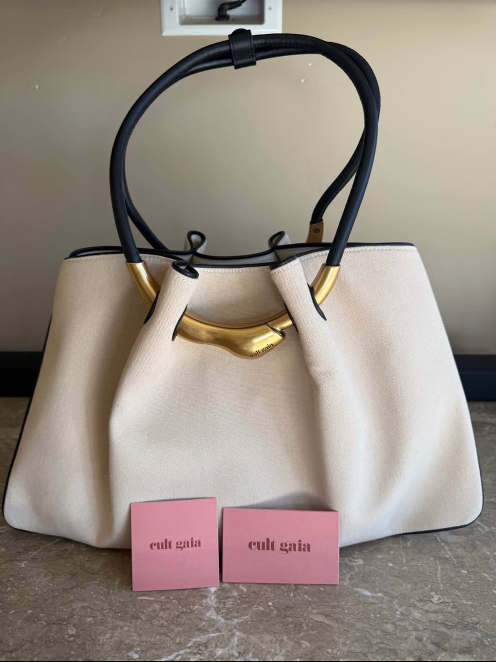 Cult Gaia Cream Tote with Black Handles and Gold Accent brand new! Authentic - Picture 2 of 3